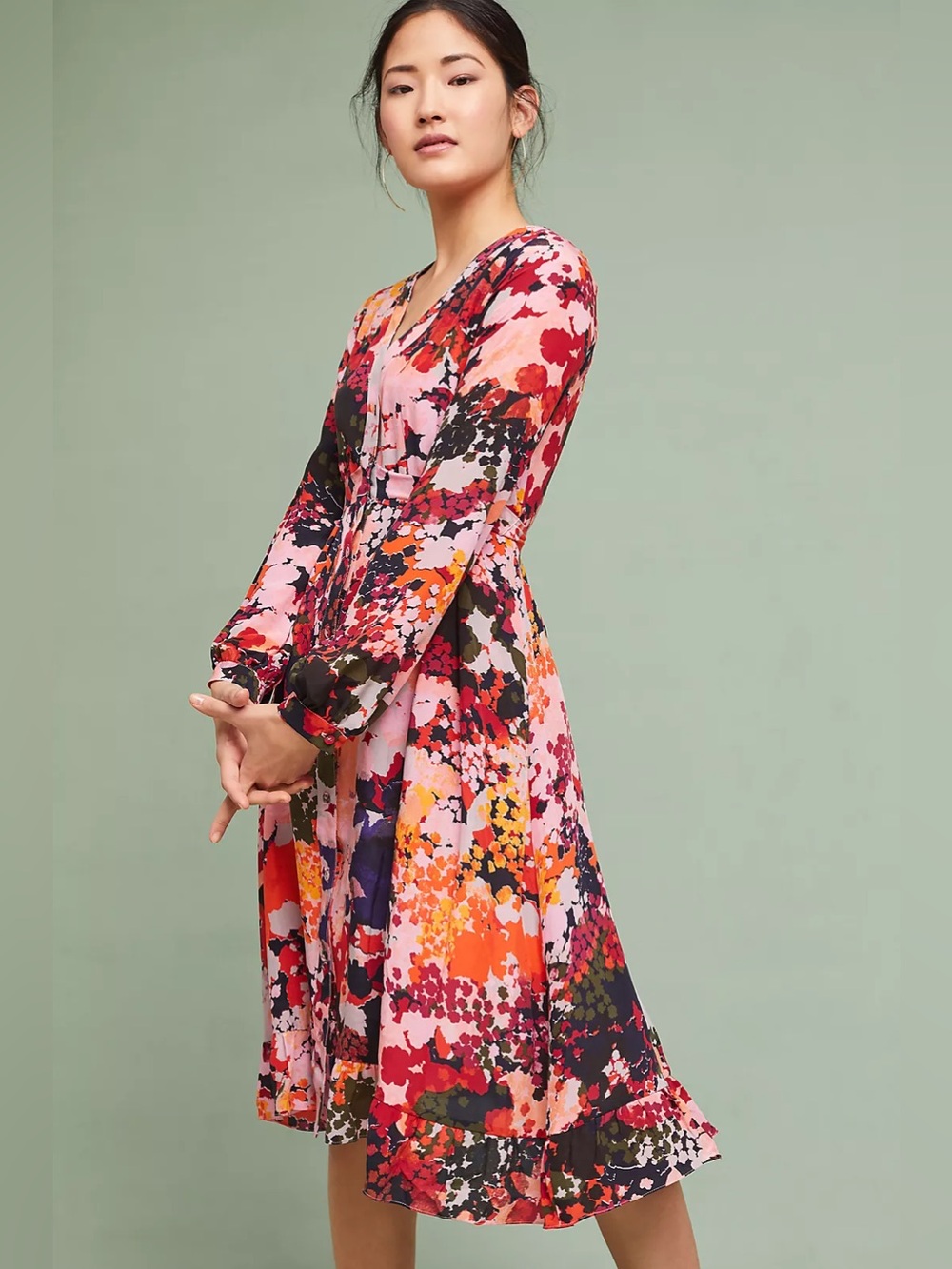 ANTHROPOLOGIE Maeve Printed Silk Wrap Dress Long Sleeve Pink Size 12